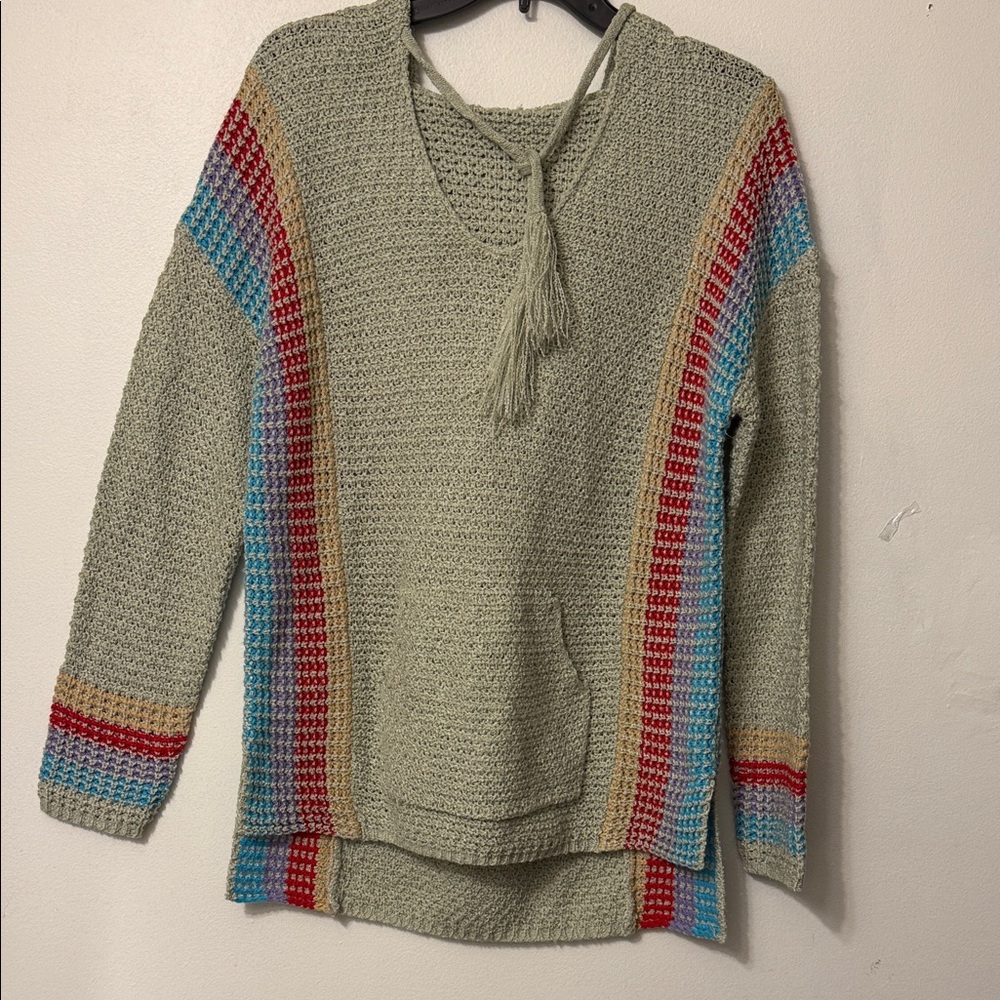 Boho V-Neck Sweater with Red, Blue, and Beige Accents